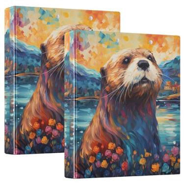 Imagem de Fichários personalizados com três anéis de pintura de lontra de outono, pôr do sol, rio, 3,5 polegadas, 200 folhas, pastas, anel redondo, fichário de escritório, 31,5 x 27 x 6 cm, pacote com 2