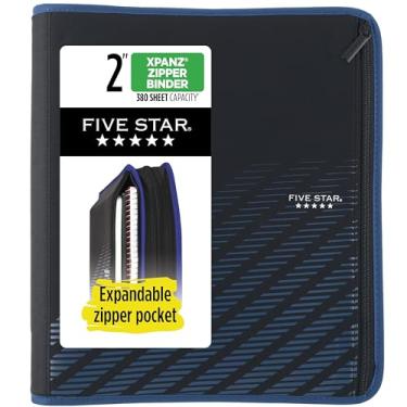 Imagem de Five Star Fichário com zíper, fichário Xpanz de 5 cm com 3 anéis com painel de expansão, bolsa removível para lápis, capacidade para 380 folhas, preto e azul (280109A)
