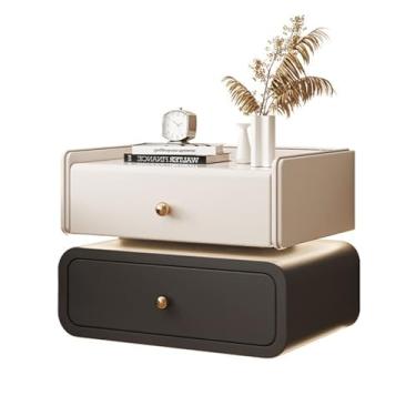 Imagem de Mesa de cabeceira com luzes LED, mesa de cabeceira de armazenamento de 2 camadas com alças de metal, couro, mesa de cabeceira moderna para quarto, escritório em casa (45 cm, preto e branco)