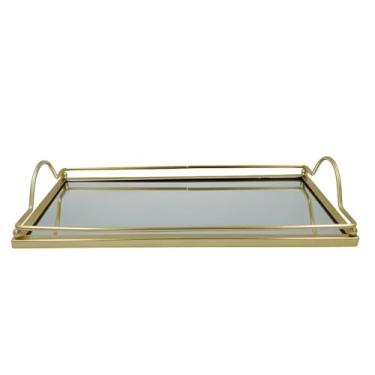 Imagem de Bandeja Espelhada Decorativa para Banheiro e Lavabo Bandeja Organizadora Multiuso Preta ou Dourada (Retangular Alça Dourada Metal)