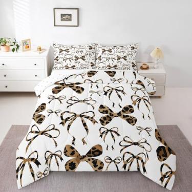 Imagem de Feelyou Conjunto de edredom fofo com laço, marrom, preto, para meninas, kawaii, leopardo, respirável, macio, leve, microfibra, decoração de princesa