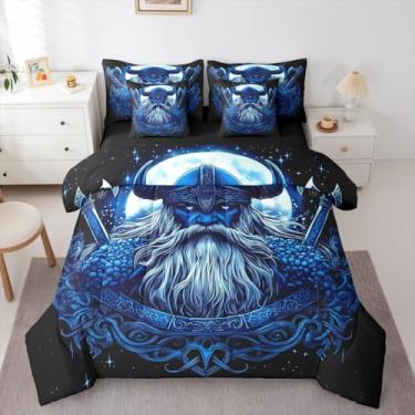 Imagem de Erosebridal Conjunto de edredom Queen viking antigo nórdico em uma bolsa com lençol de cima e lençol com elástico, mitologia nórdica vintage, conjunto de cama de 7 peças, estilo nórdico exótico