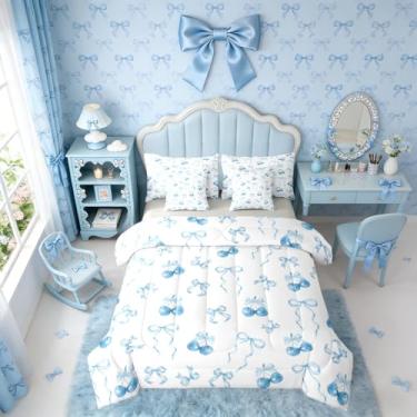 Imagem de Erosebridal Jogo de cama solteiro com laço azul e laço azul para meninas, princesa sonhadora, laço azul, decoração de quarto para adolescentes e mulheres, conjunto de cama com laço de cereja e laço, 7