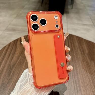 Imagem de Capa de silicone transparente de luxo com fluorescência brilhante para iPhone 17 Air 16 15 14 13 Mini 12 Pro Max Plus com alça de pulso e suporte (para iPhone Air/Laranja)