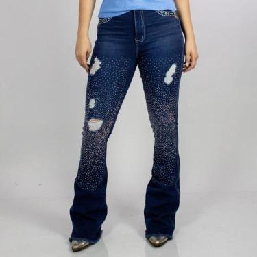 Imagem de Calça Jeans Azul Feminina Bordada Head Ox Brilhos Strass Pratas Moda C
