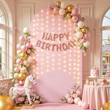 Imagem de Capa de fundo de arco rosa empoeirado de 1,8 m com cordão de luzes, capas de arco de casamento, pano de fundo elástico, festa, chá de bebê, chá de panela, foto, aniversário, fotografia, fundo, suporte