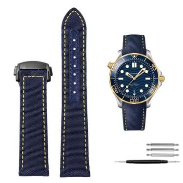 Imagem de KKFAUS Pulseira de couro de nylon de alta densidade para Omega New Seamaster 300 Super Master AT150 Tecido Couro AQUA TERRA pulseira masculina 19mm 20mm (Cor: Azul Amarelo Preto, Tamanho: 19mm)