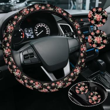 Imagem de Capa de volante floral rosa, capa de volante de neoprene antiderrapante, acessório de carro de flores para mulheres e meninas, ajuste universal de 38 cm, SUVS, inclui 2 porta-copos de cerâmica