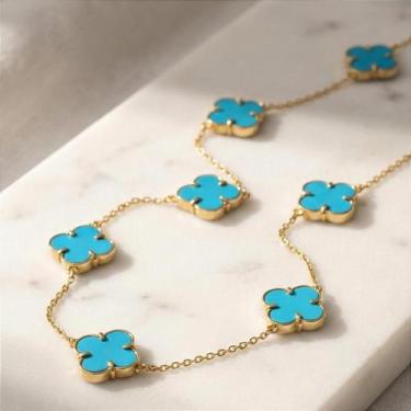 Imagem de Colar de Ouro 18k com 9 Trevos de Turquesa Baby - Joia Elegante e Sofi