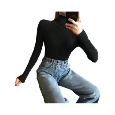 Imagem de Suéter Feminino De Tricô Grosso Com Gola Alta, Manga Longa, Ajuste Sli