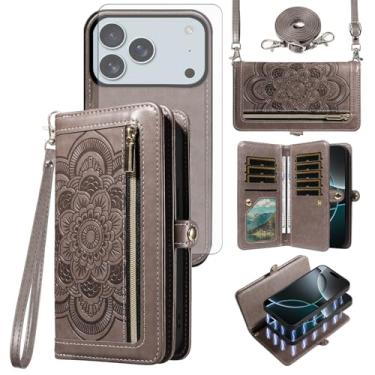 Imagem de Asuwish Capa de celular para iPhone 17 Pro 6,3 polegadas com zíper carteira destacável com protetor de tela de vidro temperado alça de pulso mandala flor porta-cartão de crédito i Phone17 i17 17Pro