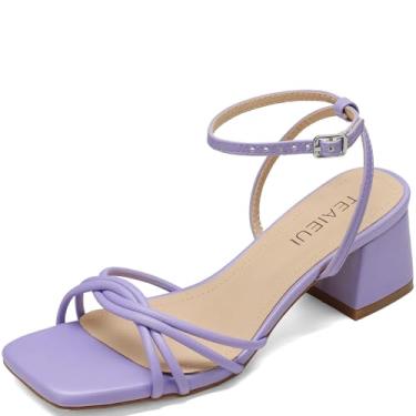Imagem de TEAIEUI Sandálias femininas de salto alto com tiras quadradas, bico aberto, salto grosso, tira no tornozelo, casamento, festa de formatura, formatura, Roxa, 40