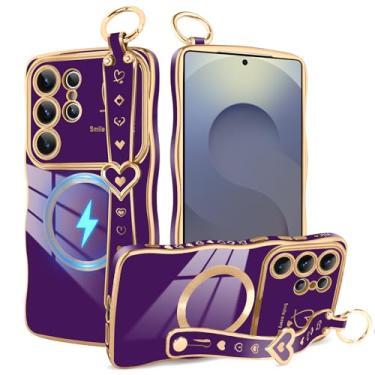 Imagem de Bonoma Capa magnética para Samsung Galaxy S25 Ultra para mulheres e meninas, moldura ondulada com alça fofo coração amor luxuoso chapeamento capa de forma encaracolada proteção de câmera levantada à