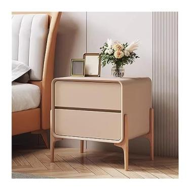 Imagem de Mesa de cabeceira minimalista para quarto, mesa de cabeceira pequena, armário de armazenamento de madeira com gavetas duplas, bordas arredondadas, cores puras, móveis de cabeceira (bege, pequeno)