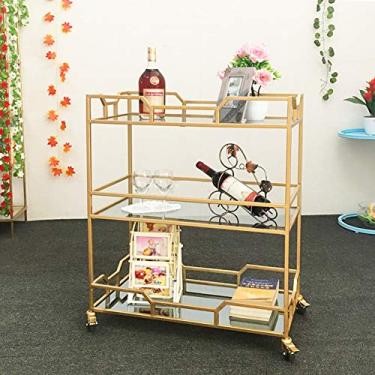 Imagem de YWangQiang Carrinho de bar móvel, carrinho de servir multifuncional com metal e 3 prateleiras de vidro temperado, carro de ilha de cozinha (ouro)
