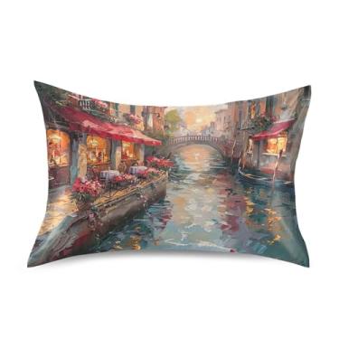 Imagem de xigua Pintura a óleo de fronha de cetim italiano para cabelo e pele, lavável à máquina, almofada de cetim de resfriamento, capa de cama queen com fecho de envelope, 50,8 cm x 76,2 cm