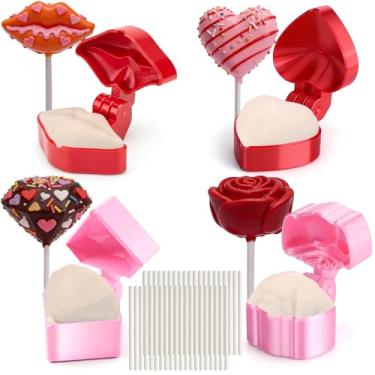 Imagem de Mity Rain Conjunto de 4 moldes para bolo de Dia dos Namorados, cortador de bolo em forma de coração e empurrador com 40 varetas, moldes de coração, beijo, diamante e rosa, ferramentas de cozimento