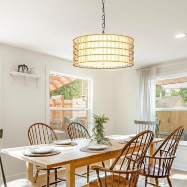 Imagem de Luminária pendente vintage de rattan de 50 cm - Abajur boho de vime trançado à mão com cordão ajustável (150 cm), luminária de teto boho redonda para sala de jantar, sala de estar, quarto e
