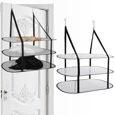 Imagem de 2 peças de 3 camadas de suéter de malha plana dobrável, prateleira de secagem dobrável sobre a porta para organização de suéter, roupas e quarto, perfeito para apartamentos, dormitórios e banheiros