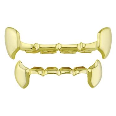 Imagem de Presas de vampiro banhadas a ouro Grillz para seus dentes para homens e mulheres, bonés brilhantes hip hop dentes Grillz superior e inferior, One Size, latão