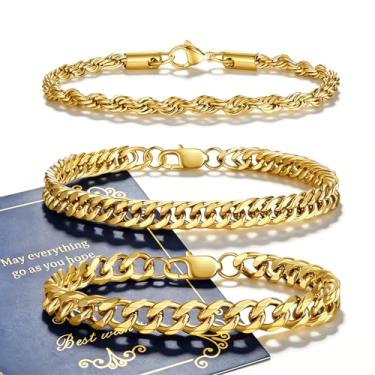 Imagem de NUKAYAI 3 pulseiras de aço inoxidável para homens, corrente de elos cubanos, conjunto de pulseiras douradas/prata para homens 19,5/20,3/23 cm, presentes de Natal (inclui cartão), 8.3", Aço inoxidável