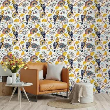 Imagem de Papel de parede autoadesivo com tema de planta PVC adesivo decorativo para quarto e sala de estar renovação amarelo dourado 45 * 300 cm