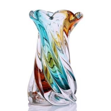 Imagem de Vaso de vidro soprado à mão, vaso de boca larga gradiente, vaso decorativo de arte de vidro exclusivo para mesa de centro de sala de estar, mesa de jantar, escritório, estante de livros, suporte de TV