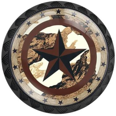 Imagem de Artinhand Pacote com 4 maçanetas de armário com textura de madeira rústica estrela ocidental puxadores de gaveta redondos puxadores de cômoda preto puxadores de porta de armário ferragens para