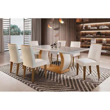 Imagem de Conjunto Mesa Sala Jantar Jade Tampo Madeirado Com Vidro Reto 180x90 E 6 Cadeiras Jade Imbuia Suede Creme Rufato