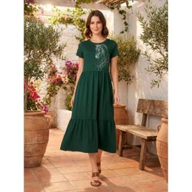 Imagem de Vestido Midi Três Marias Feminino Aveloz Estampa Cavalo Verde-Feminino