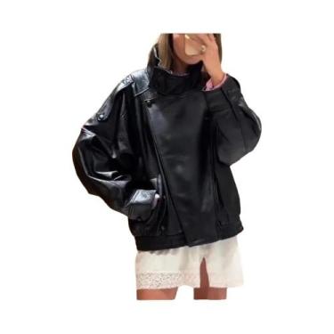 Imagem de Jaqueta De Couro Preta Feminina Com Mangas Longas E Botões Oversized M