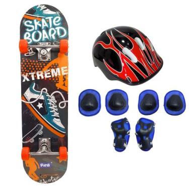 Imagem de Skate Radical 50 Kg Old Shoes + Kit Proteção Chamas Azul - Funs