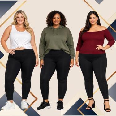 Imagem de Kit 3 Calças Legging Plus Size Femininas Academia Grossas Reforçadas V