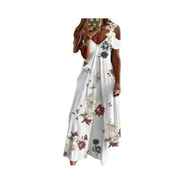 Imagem de Vestido Casual Longo Sem Mangas Branco Com Estampa De Renda Para Mulhe