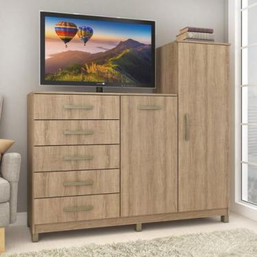 Imagem de Cômoda 2 Portas 5 Gavetas com Cabideiro e Pés Chicago Bege/Mel - Felli