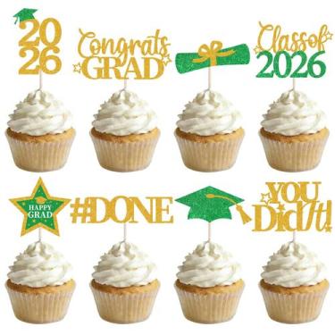 Imagem de Topo de Cupcake de Formatura YISKUOPU 48 Peças Verde e Dourado 2026