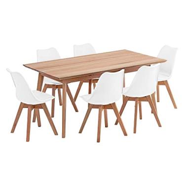 Imagem de Conjunto Mesa de Jantar Retangular Vértice 160cm Natural com 6 Cadeiras Leda em Madeira Maciça - Branco