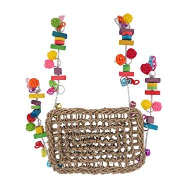 Imagem de Rede de palha do papagaio, pássaro escalando rede de balanço mat feno tecido tapete com blocos de madeira coloridos Trapézio pássaro brinquedo para pombinhos tentilhão periquitos budgerigars