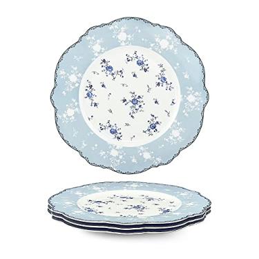 Imagem de fanquare Conjunto de 4 pratos de jantar de porcelana de 25 cm, conjunto de pratos de renda para salada, macarrão, sopa, sobremesa, rosas azuis