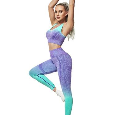 Imagem de Yajun Roupas de ioga gradiente femininas sem costura lindo conjunto de sutiã esportivo de secagem rápida colete de treino levanta bumbum calças de ginástica, roxo, M (peito: 35cm)