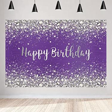 Imagem de Aperturee 1,5 x 0,9 m Pano de fundo de aniversário com diamantes roxos brilhantes de prata Bokeh Pontos de fundo para fotografia para mulheres e meninas doces decorações de 16 festas, artigos de banner para mesa de bolo, estadia de foto
