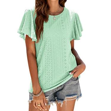 Imagem de Camiseta feminina manga com babados vazada casual top verão manga curta ajuste solto blusa tops manga redonda doce camisa, verde2, M