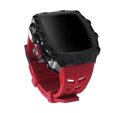 Imagem de VEVEL Kit de modificação para iWatch série 7 6 5 4 SE capa de metal com tela de vidro para Apple Watch 44mm 45mm capa de amortecedor de borracha (cor: vermelho preto-W, tamanho: 45mm para 7)