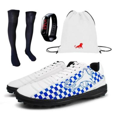 Imagem de Chuteira Society Masculina + Meião + Bolsa Branco + Relógio-Masculino