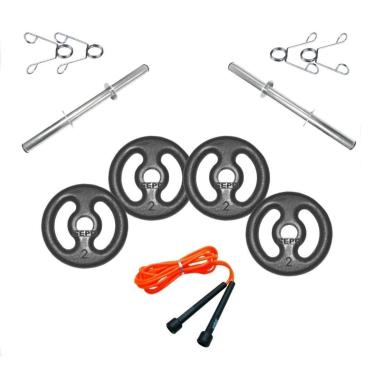 Imagem de Kit Completo Musculação Barras 8kg Anilhas Presilha+ Corda-Unissex
