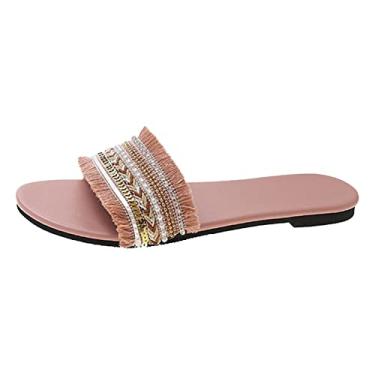 Imagem de Sandálias respiráveis de bico aberto para mulheres elegantes moda verão chinelos femininos tecido estilo étnico cor combinando luz casual (rosa, 7)