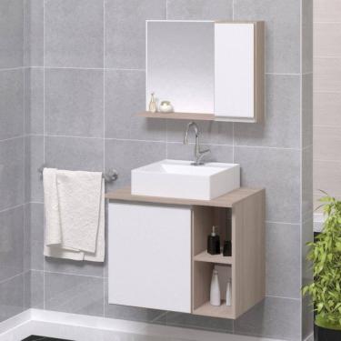 Imagem de Gabinete para Banheiro Virtus 60cm com Cuba e Espelho Madeirado/Branco