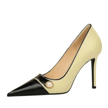 Imagem de YGJKLIS Sapatos femininos 10 cm stiletto bico fechado clássico slip on bico fino salto alto glitter formatura casamento sapatos para noiva, Off-white, 7