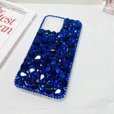Imagem de HFICY Capa de telefone feminina com 2 peças de película de vidro, capa protetora feminina transparente macia com diamantes brilhantes para mulheres (azul, para Alcatel TCL A3 A509DL)