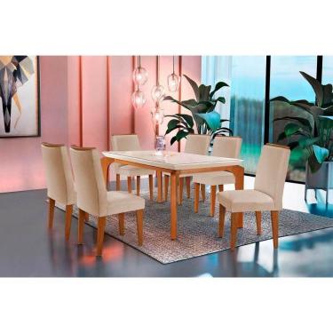 Imagem de Sala de Jantar Completa Londrina Tampo Madeirado c/ Vidro 180cm + 6 Cadeiras Lunara Imbuia/Veludo Creme - Rufato